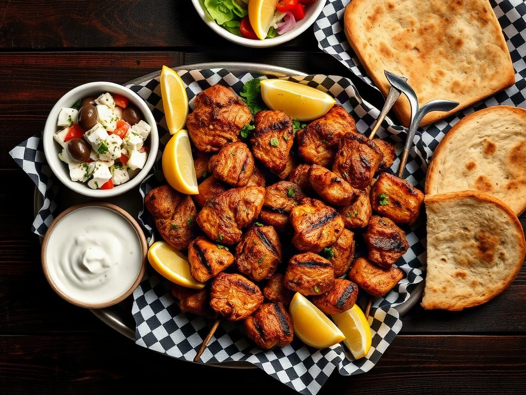 Plateau traiteur grec avec souvlaki de poulet et d'agneau, salade grecque et pita