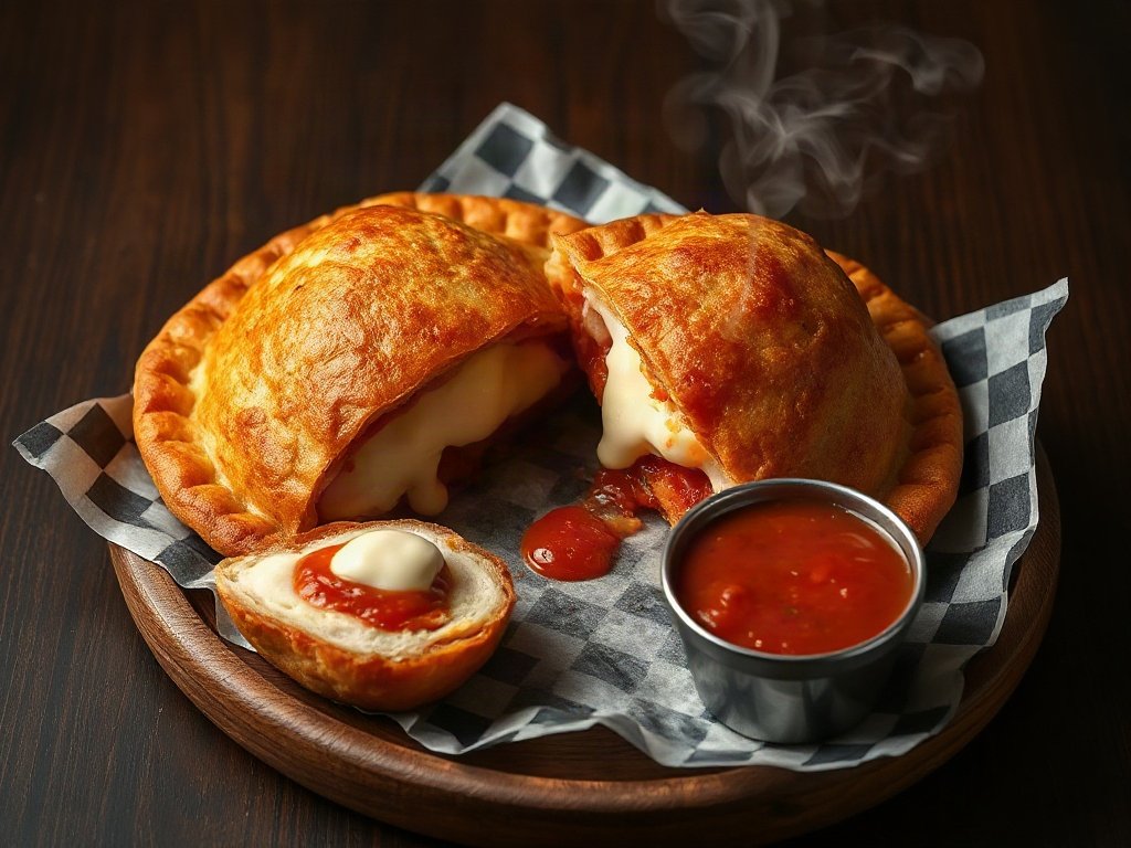 Baked panzerotti cut open with mozzarella pull and marinara dip