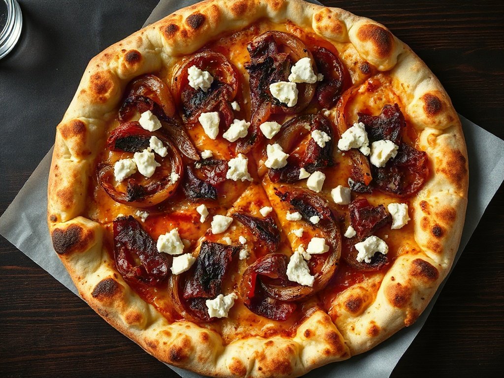 Pizza Canadese avec pancetta croustillante, oignons caramélisés, fromage de chèvre et sirop d'érable