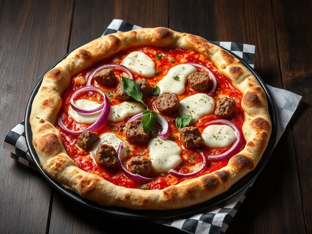 Pizza Rocco avec saucisse italienne maison, oignons rouges et gorgonzola