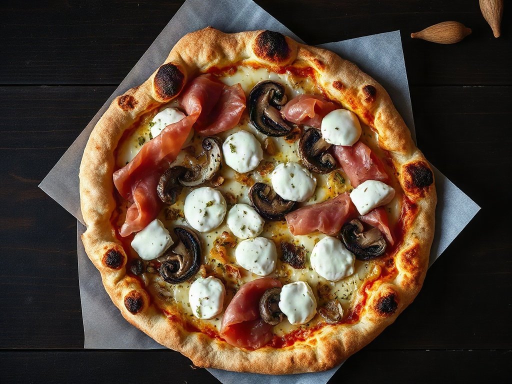 Pizza blanche Santina avec prosciutto di Parma, champignons et fromage de chèvre